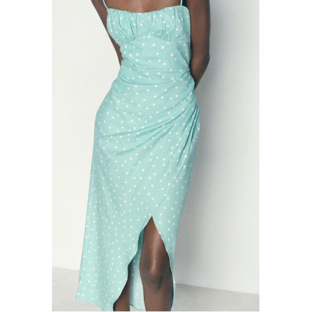 Zara Womens Midi Dress XL Green Polka Dot Linen Strappy Slit Summer 2587/154 NWT